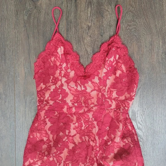 NBD (Revolve) fine lies red mini lined lace low back dress
